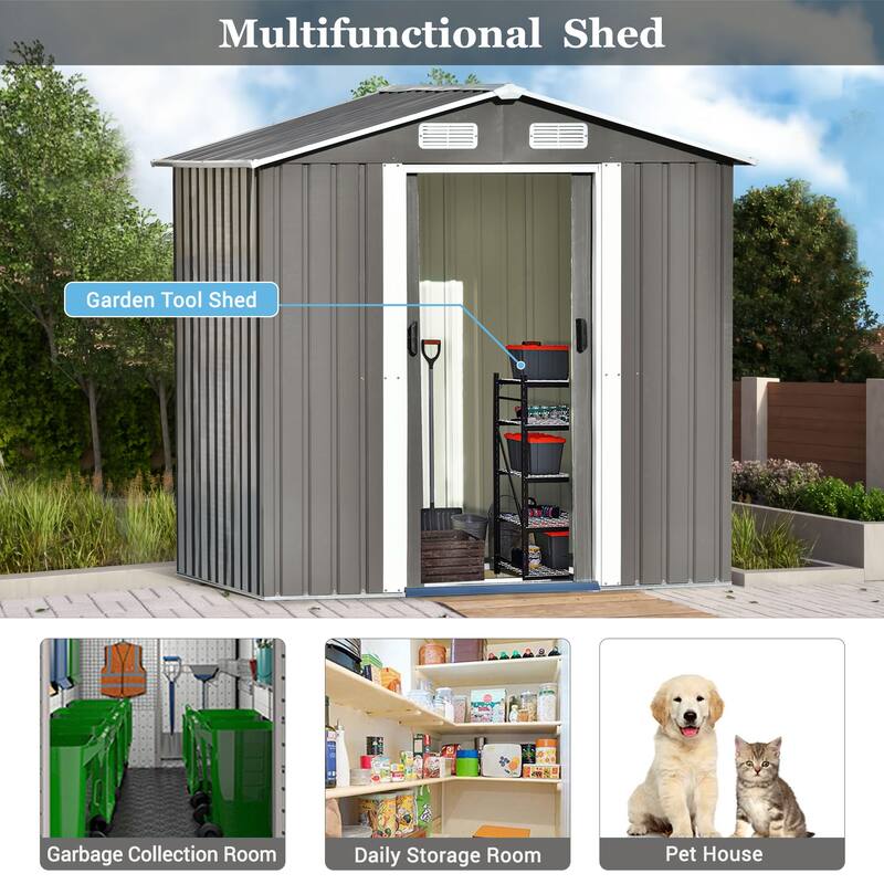 6.4 ft. W x 4.3 ft. D Brown Metal Shed with Double Door (27.52 sq. ft.) - Gray