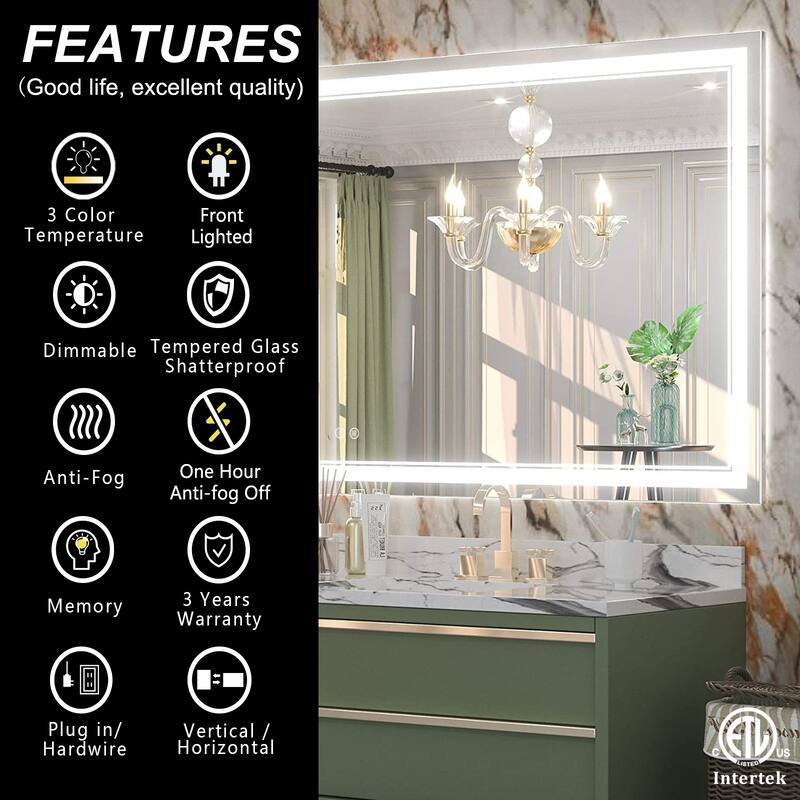 Frameless LED Lighted Anti-Fog Tempered Glass Bathroom Vanity Mirror - 20"x28"