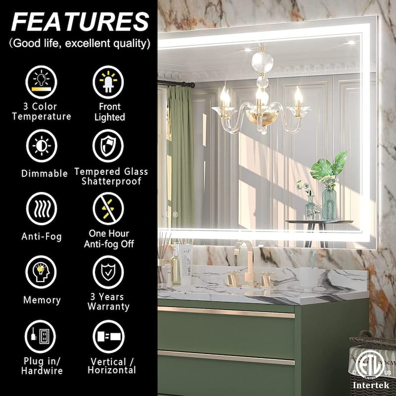 KIOTEE Frameless Front lit LED Lighted Anti-Fog Tempered Glass Bathroom Vanity Mirror with ETL and 3-Year Warranty
