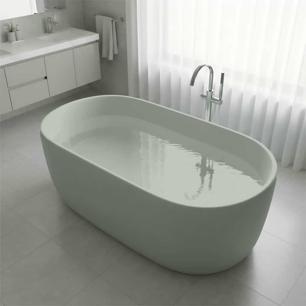Solid Surface Freestanding Soaking Bathtub with Center Drain and Pop-up Drain, Modern Tubs with Overflow