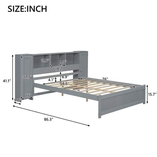 dimension image slide 1 of 2, Full Size Platform Bed with Storage Headboard, 3 Shelves, 2 Side Lockers, Solid Pine Wood Frame, No Box Spring Required, Grey
