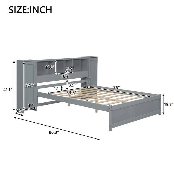 dimension image slide 1 of 2, Full Size Platform Bed with Storage Headboard, Kids Bed Frame with 3-built-in shelves & 2-side lockers for Bedroom, Grey