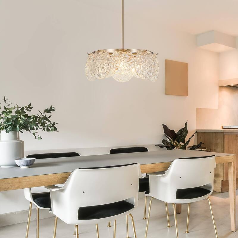 Modern Gold 5-Light Drum Chandelier Art Glass Pendant Lights for Dining Room - 18" D x 8" H