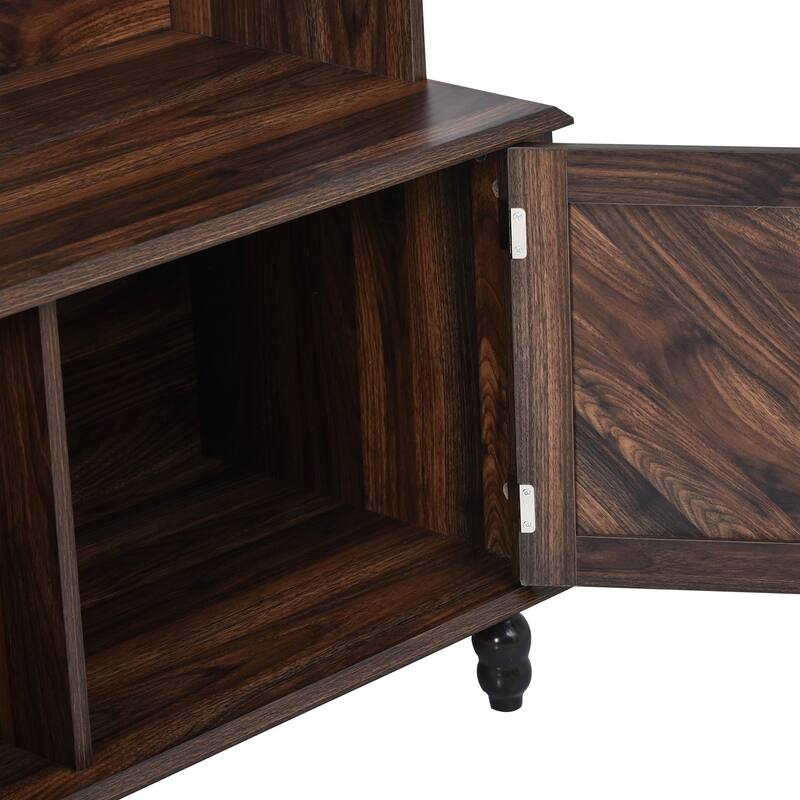 Modern Hall Tree, Entryway Bench with 2 Open Storage Shelves, 4 Metal Double Hooks, for Entrance and Hallway