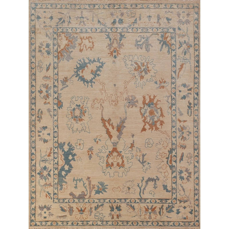 Hand Knotted Oriental 100% Wool Carpet Transitional All-Over Beige & Ivories Oushak Area Rug - 8' 5'' X 6' 6''
