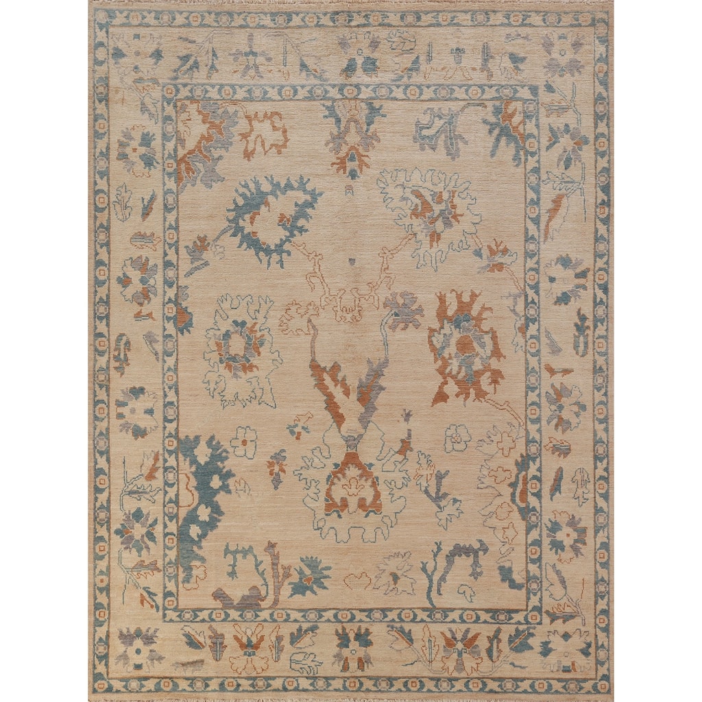 Hand Knotted Oriental 100% Wool Carpet Transitional All-Over Beige & Ivories Oushak Area Rug - 8' 5'' X 6' 6''