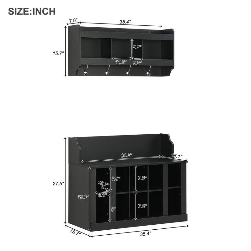 Shoe Storage Bench with Shelves and 4 Hooks