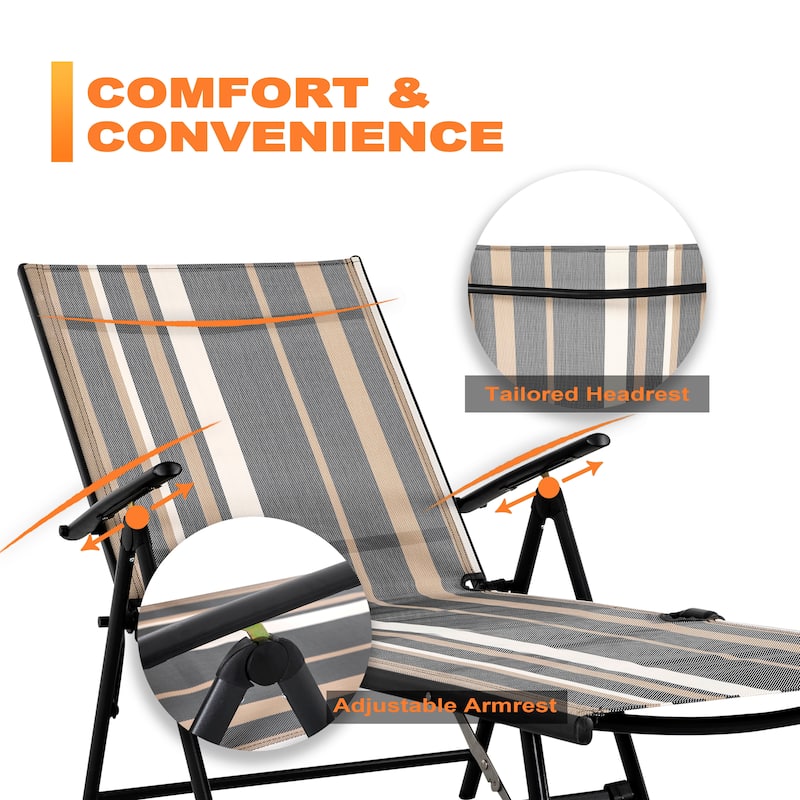 Outdoor Folding Chaise Lounge with 7-Position Adjustable Backrest and Armrests, Taupe Stripes - N/A