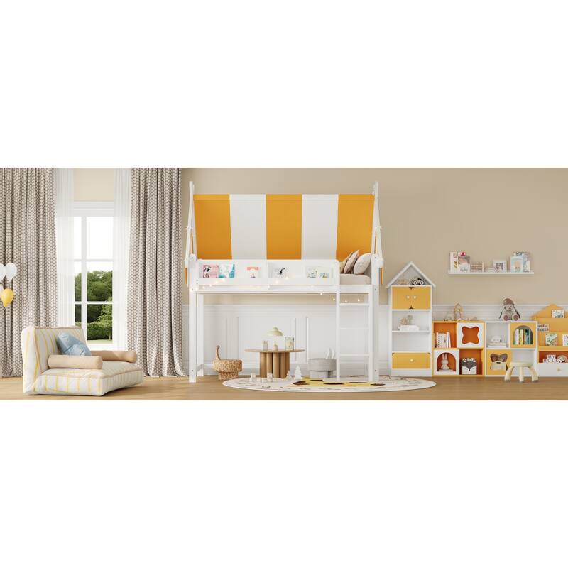 Roomfitters Twin/Full Size Loft Bed with Canopy, LED Lights and Book Shelf