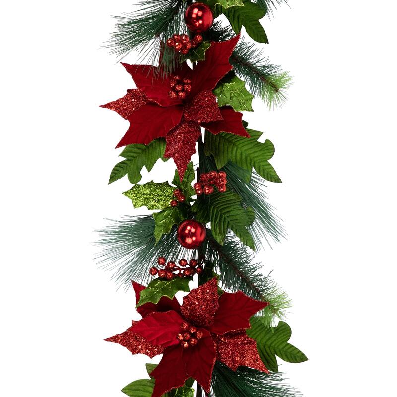 48" Glittered Red Poinsettia and Long Pine Christmas Swag, Unlit