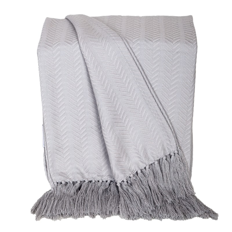 HomeRoots 50" X 60" Gray Woven Cotton Herringbone Throw Blanket with Fringe