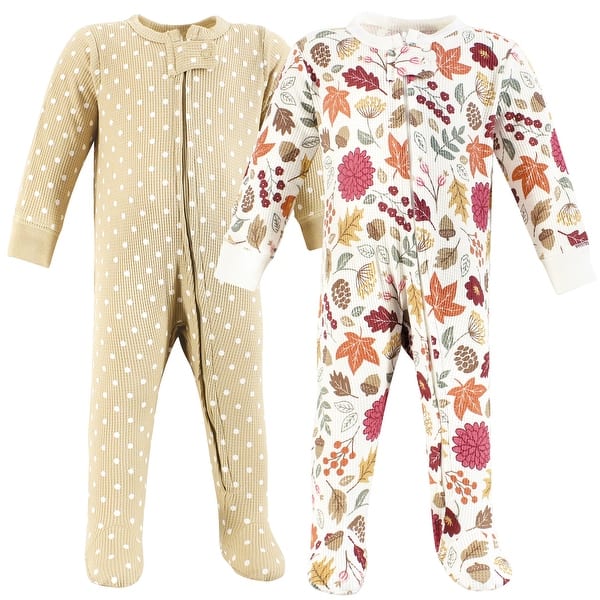 slide 1 of 1, Hudson Baby Girls Thermal Zipper Sleep and Play 2pk, Acorn Botanical 0-3 Months - Acorn Botanical