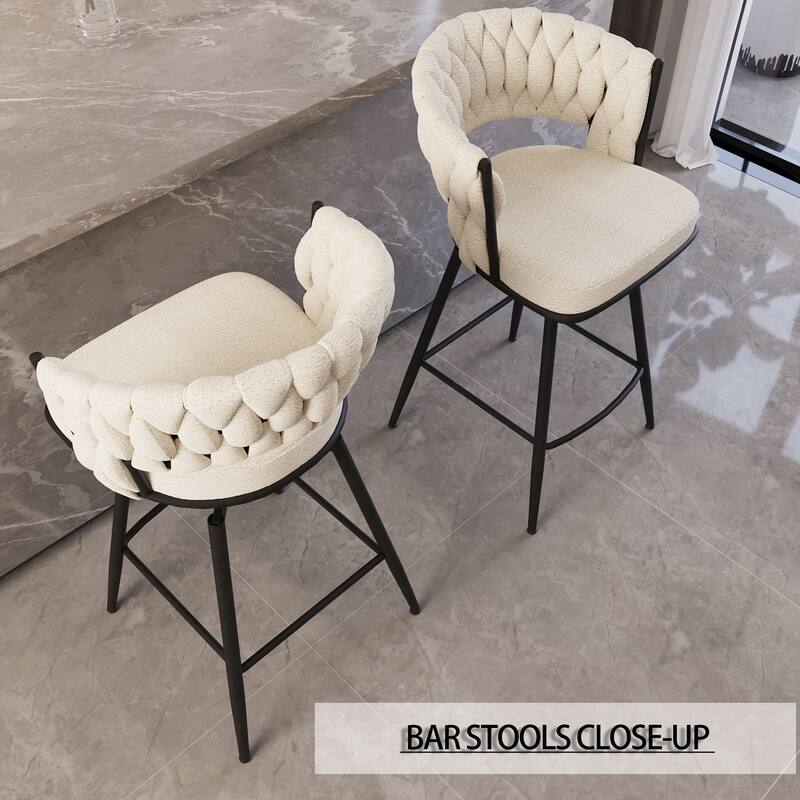 360 Swivel Suede Woven Bar Chair Set of 4, Upholstered Barstools with Metal Base