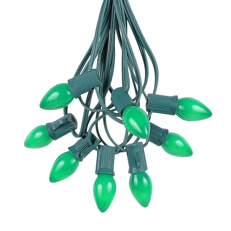 25 Foot C7 Ceramic Christmas Light Set, Hanging String Lights, Green Wire - Green
