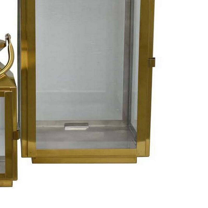 Davi Set of 3 Decorative Lanterns, Curved Handles, Glass Panel, Gold Metal