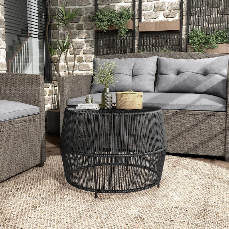 Alia Coastal Natural 22-inch Boho Outdoor Patio Rattan Outdoor Round Coffee Table by M&L Co. - Black