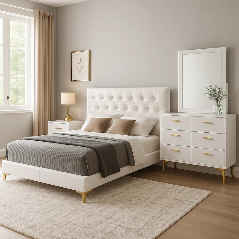 Dle 4 Piece Queen Bedroom Set, White Faux Leather, Modern Gold Accents