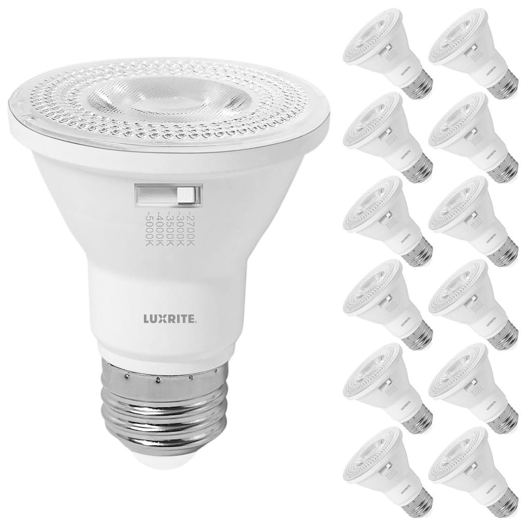 Luxrite PAR20 LED Flood Light Bulb 5CCT 550 Lumens 7W Dimmable LED Spotlight Bulb Damp Rated ETL Listed E26 (12 Pack)