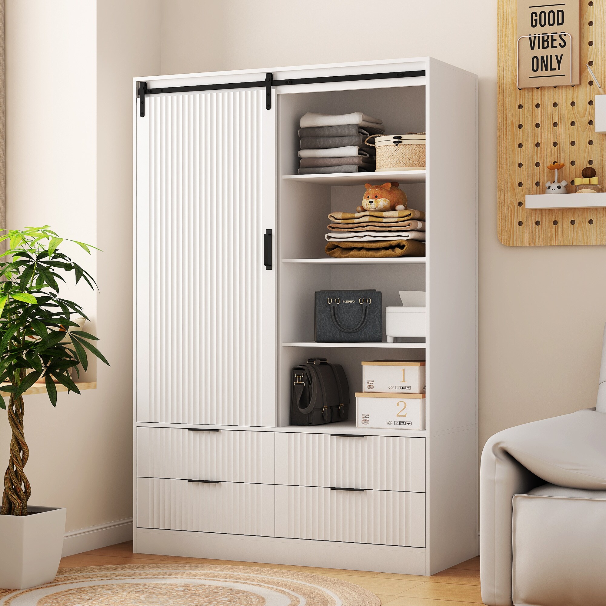 Armoire Wardrobe Closet Wardrobe Cabinet with Sliding Barn Door 4 Drawers Adjustable Shelves Hanging Rod