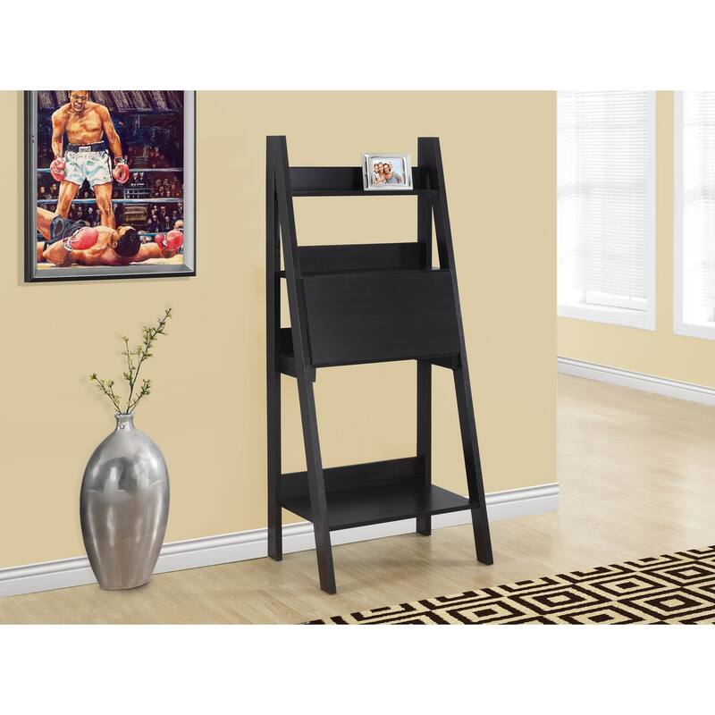 Contemporary 61" Leaning Computer Desk, Espresso Brown Laminate with Storage Shelves, Wall-Mounted Design