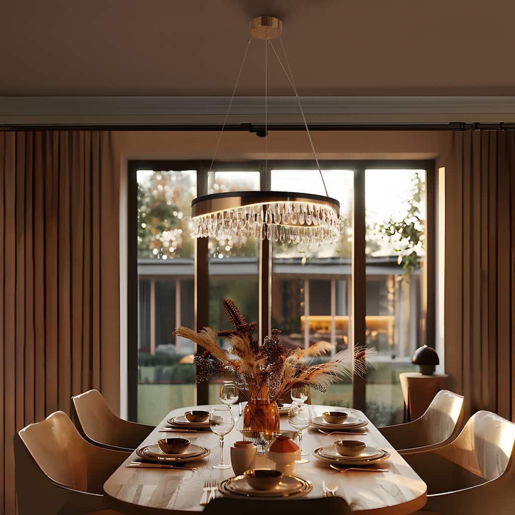 Modern LED Crystal Drum Chandelier Black Gold Hanging Lights for Dining Living Room - D23.5" x H6"