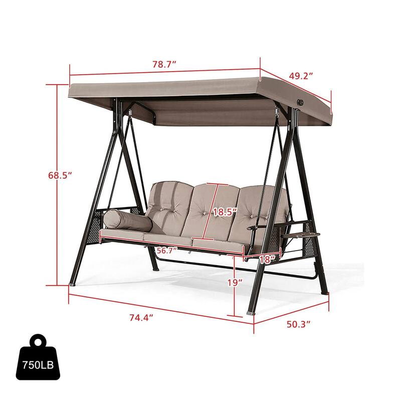 PURPLE LEAF Outdoor Patio Porch Swing with Stand, 3-seat Swing Chair with Adjustable Tilt Canopy All-Weather Steel Frame