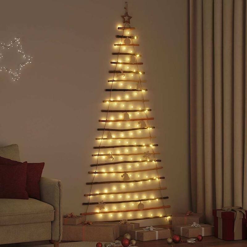 vidaXL Christmas Tree with LEDs Natural Solid Ash wood - Brown - 7 Foot
