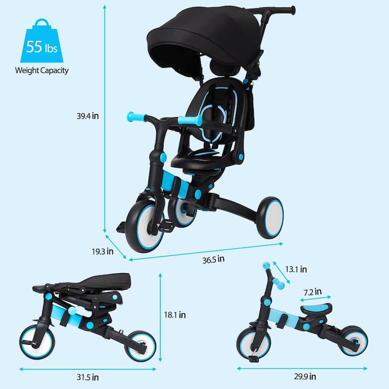 Baby Tricycle, 7-in-1 Folding Kids Tricycle with Adjustable Parent Handle
