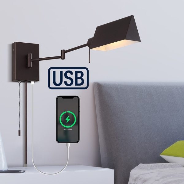 Curtis Farmhouse Swing Arm Plug In or Hardwired Iron LED Wall Sconce with Pull Chain with USB Charging Port by JONATHAN Y On Sale Bed Bath Beyond 37332259