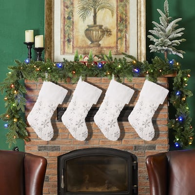 Glitzhome White Plush with Snowflake Christmas Stocking - 21"L