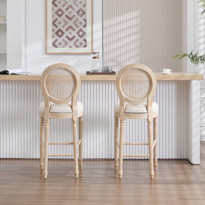 GDFStudio - Classic Louis French Country Upholstered Bar Height Dining Chairs Set with Rattan Backrest, Set of 2