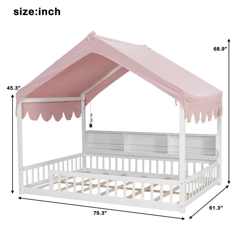 Full-Size Floor House Bed with Fence, Book Nook Shelves, Curtain & LED Lights by Harper&Bright Designs