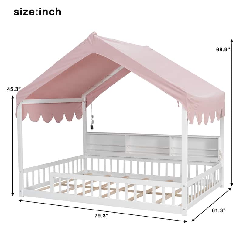 Full Size House-Shaped Daybed with Storage Bookshelves, Canopy Curtain and LED Light, Wooden Floor Bed with Fence