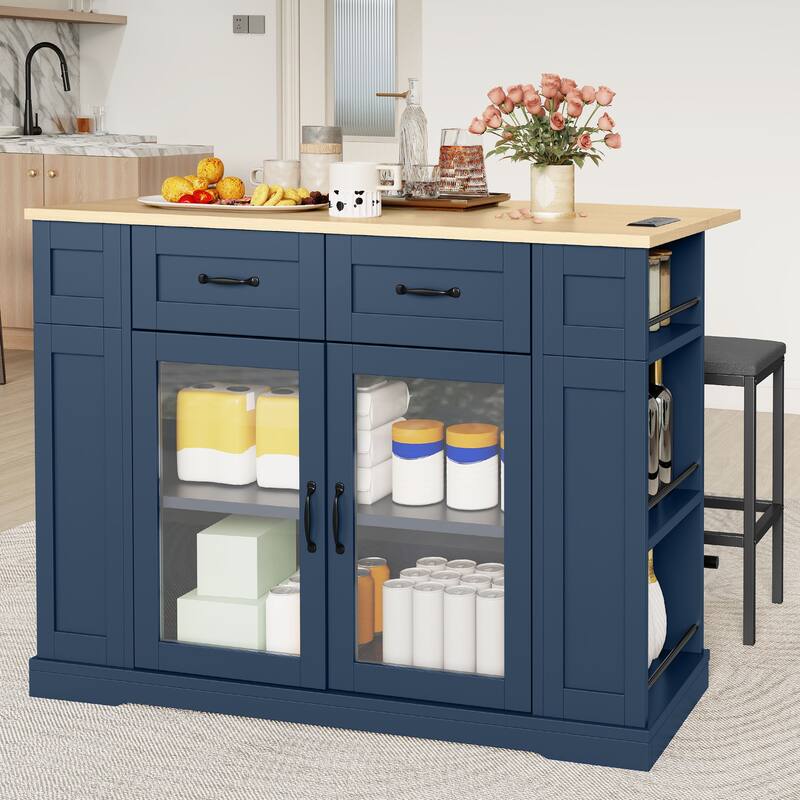 Moasis 47 Inch Mobile Storage Kitchen Island with 2 Seating,Rolling Islands Table with Power Outlet