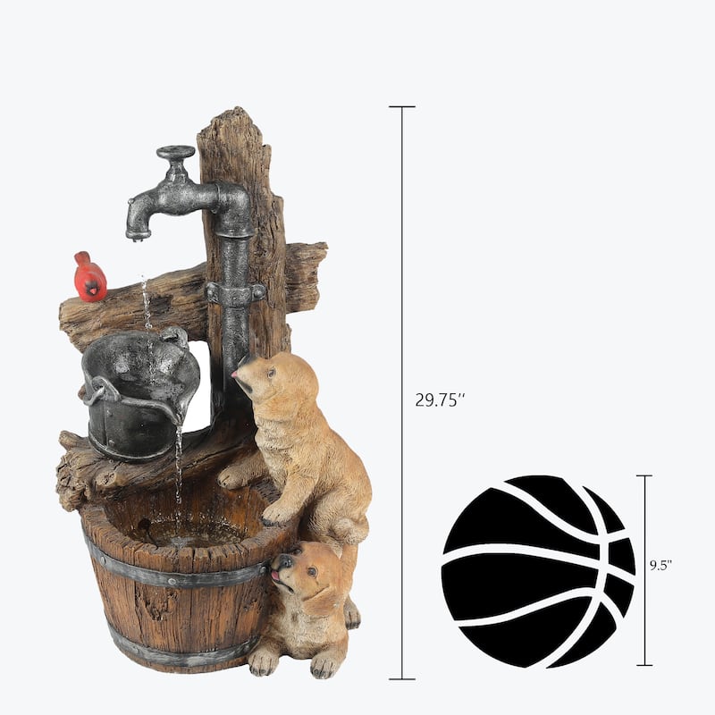 Resin Puppies and Water Faucet Outdoor Fountain with LED Light