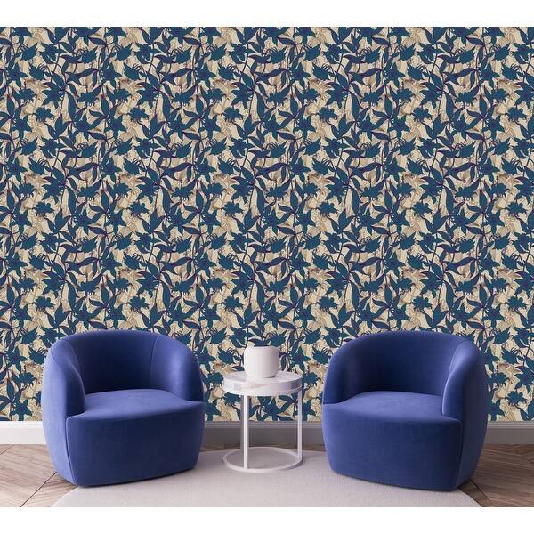 Dark Blue and Beige Floral Wallpaper Peel and Stick and Prepasted Bed