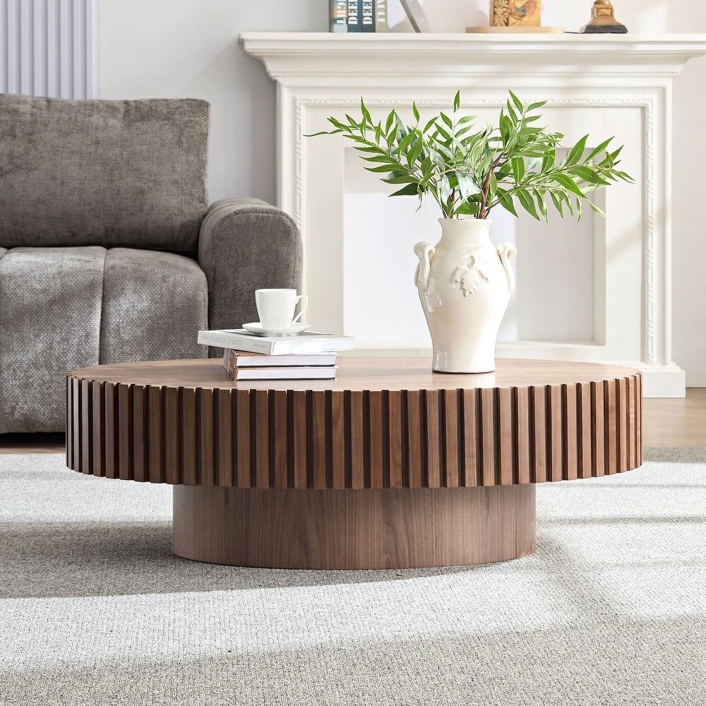 Oval Compact Low Coffee Table Handcraft Drum Small Center Table with Side Fluted Design and Wood Grain for Living Room Office
