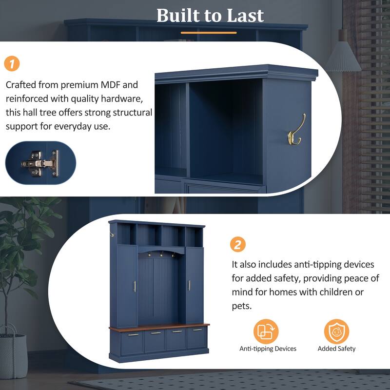 4-in-1 Farmhouse Hall Tree with Walnut Bench, 8 Hooks, Adjustable Shelves and Shoe Storage, Entryway Coat Rack, 59" W