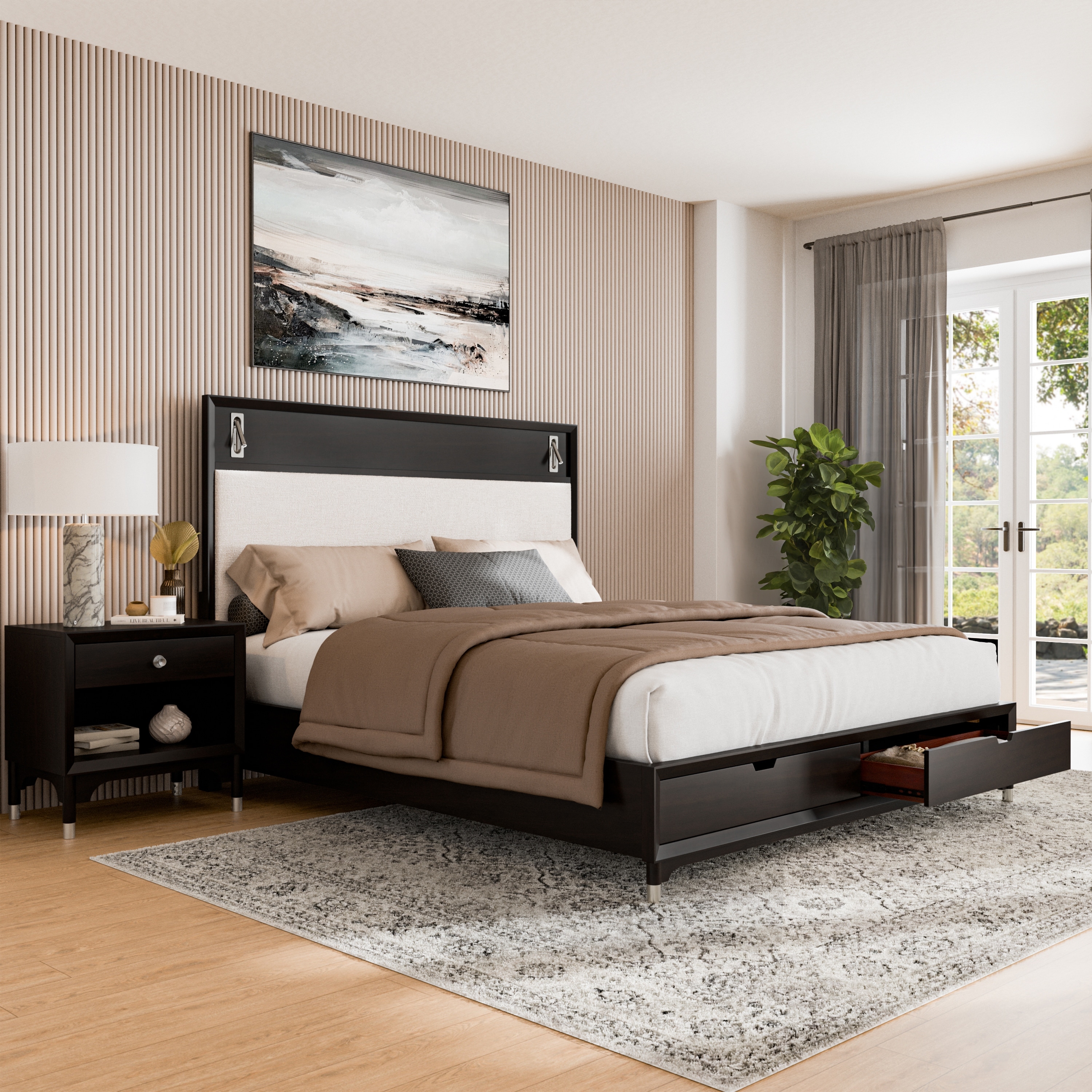 Furniture of America Forma Mid-Century Modern 2-Piece Black Solid Wood Storage Platform Bedroom Set