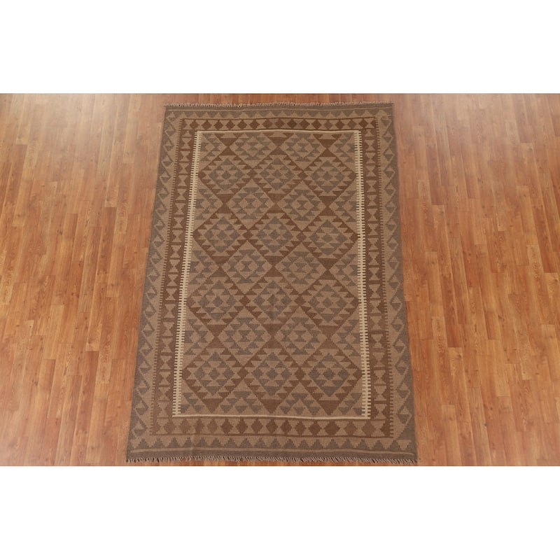 Brown Reversible Kilim Area Rug Flat-weave Oriental Wool Carpet - 5'5" x 8'1"