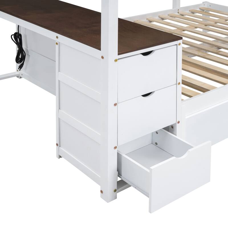 Bunk Bed with Twin Trundle, Desk, 3 Storage Drawers, Wooden Low Bunkbeds with USB Ports, Solid Pine Legs, Full-length Guardrail