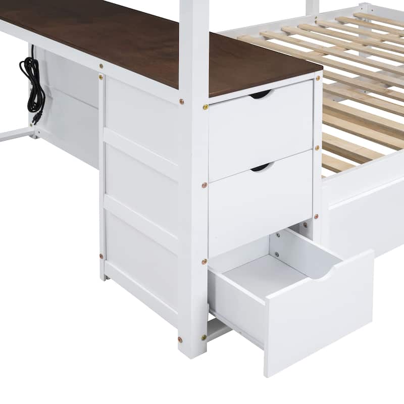 Full-Over-Full Bunk Bed with Twin size Trundle, Storage and Desk, White+Walnut