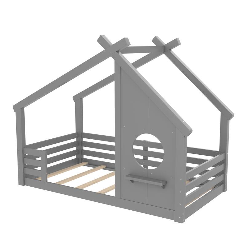 Roomfitters Twin House Floor Bed with Window and Shelf, Solid Wood Low Profile Frame with Roof Design, Gray