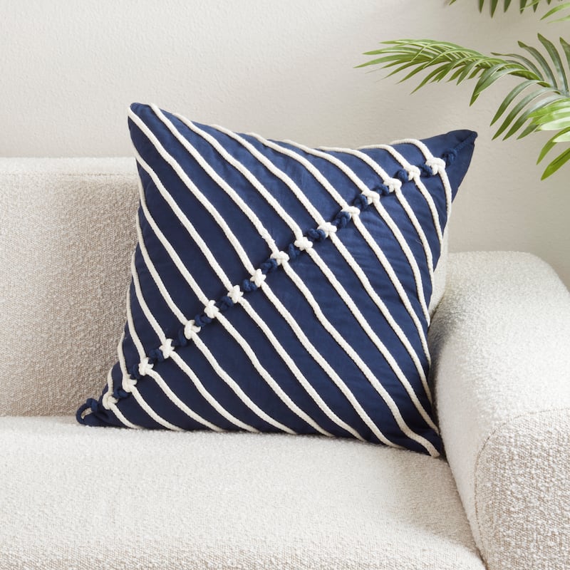 Rope Stitch Stripe Cotton Throw Pillow - Nautical Textured Accent for Sofa, Bed & Layered Styling, 20"x20"