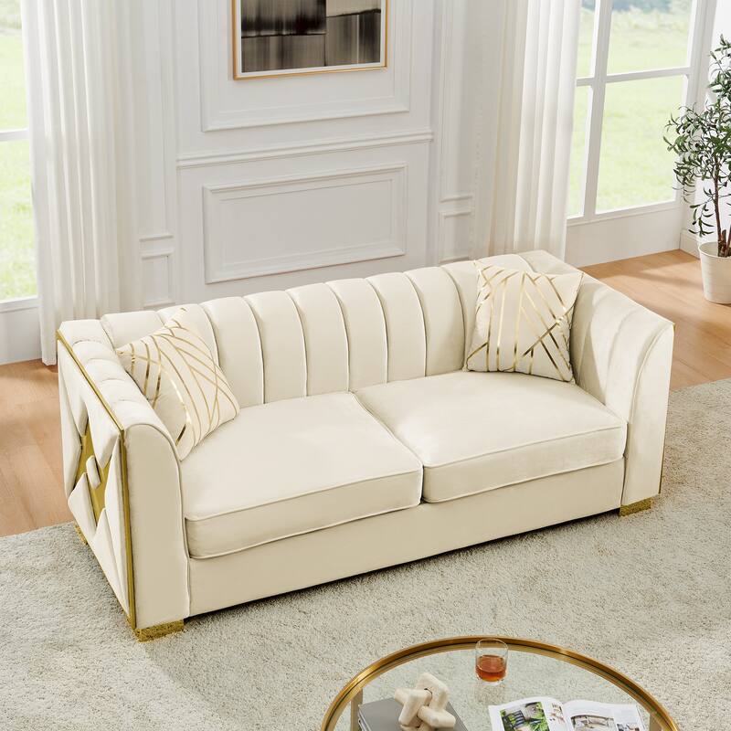 Velvet Chesterfield 3 Seater Sofa, Button Tufted Upholstered Sofa, Lounge Sofa with Stainless Steel Accents & Metal Legs