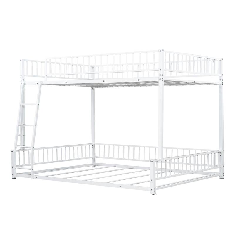 Full XL over Queen Metal Bunk Bed Frame with Ladder and Safety Guardrails, Easy Assembly, White