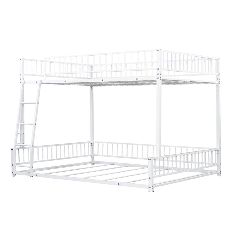 Roomfitters Twin/Full XL over Queen Floor Bunk Bed Frame with Ladder and Safety Guardrails Easy Assembly, Black