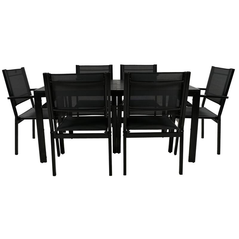 7 Pcs Outdoor Steel Dining Table and Chair Set, All Weather Patio Furniture Set with Rectangular Table and 6 Dining Chair