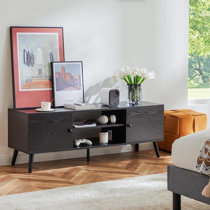 TV Stand for 55 60 inch TV, Entertainment Center with Storage Cabinet, Mid Century Modern Media Console Table, Adjustable Hinge - Black