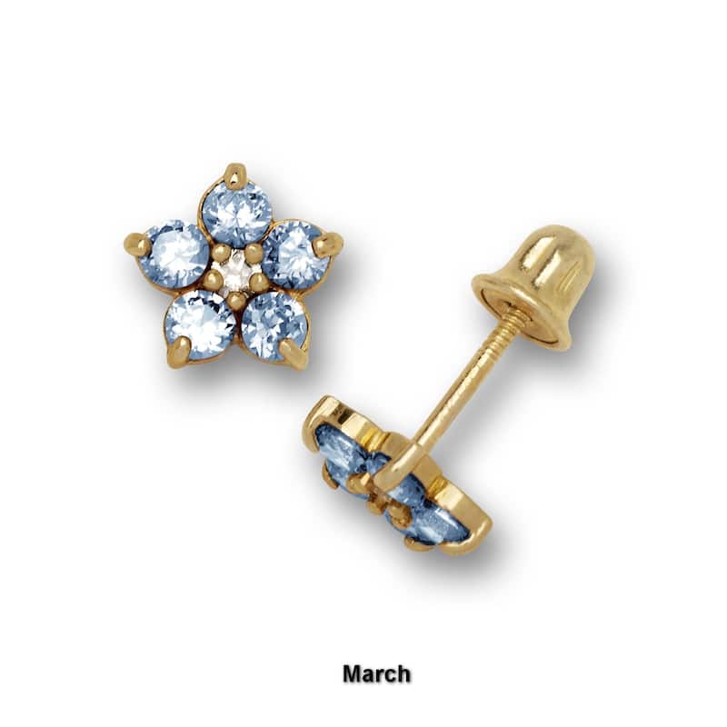 14K Yellow Gold Cubic Zircornia Small Flower Birthstone Screw-back Stud Earrings (12 colors) (5mm)